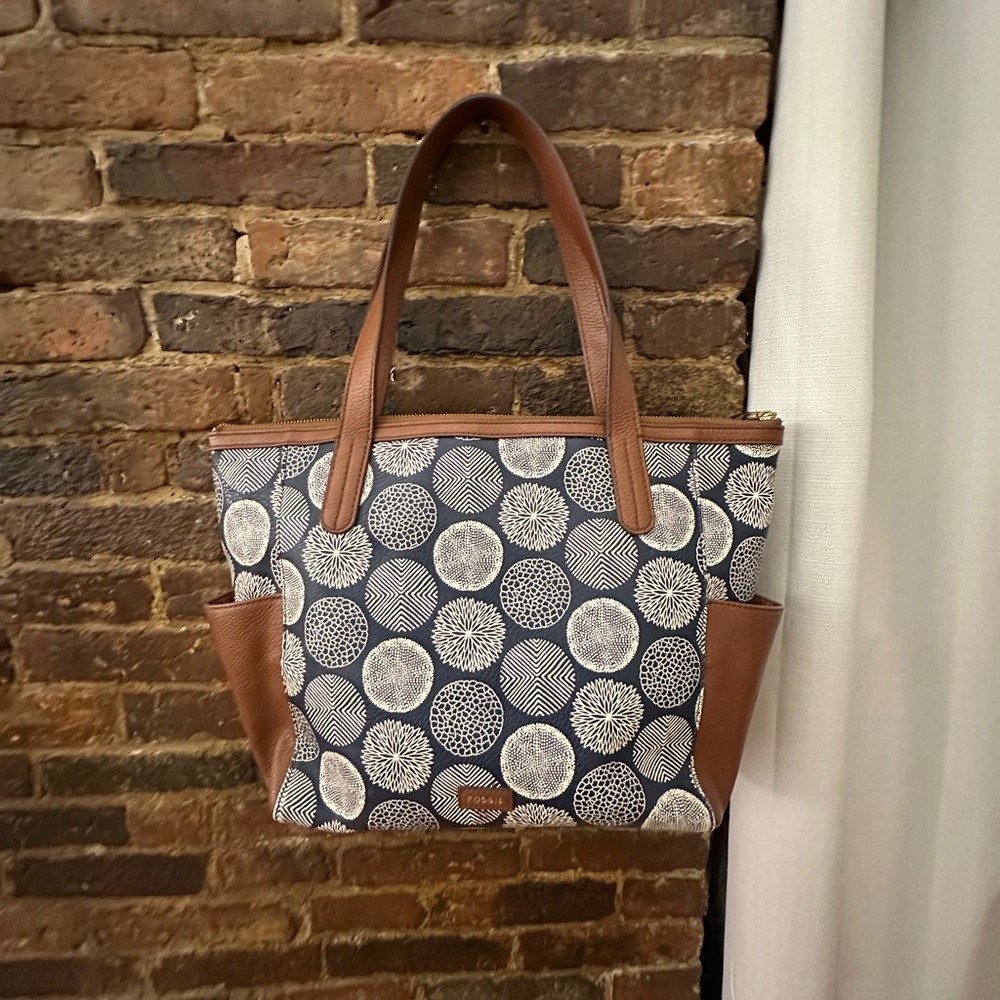 Fossil Blue White Pebbled Leather Large Tote Shoulder Bag